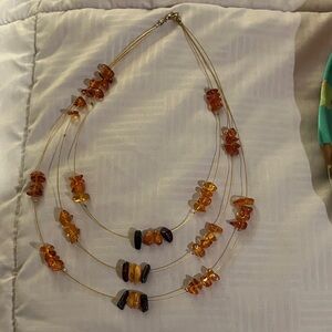 Triple-Strand Amber and Black Beaded Necklace